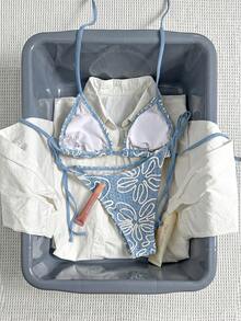Bikinx Women's Summer Fashion Asymmetrical Striped Triangle Tie Bikini Set For Vacation Beach - Dusty Blue - View 9