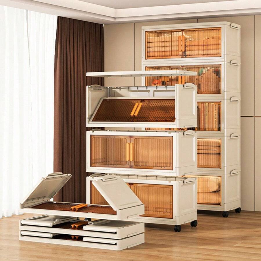 Rolling Storage Cabinet, 5-Tier Stackable Plastic Storage Tower With Lid, Foldable Tall Storage Rack, Suitable For Wardrobe, Living Room, Dorm, Essential For Seasonal Storage - Transparent - View 1