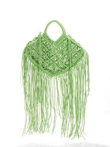 Handmade Woven Beach Vacation Tassel Bag - Green - View 4