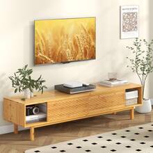 Modern TV Console Table For 65" 70" TVs Bamboo TV Stand With Sliding Doors Entertainment Center For Living Room - Khaki - View 5