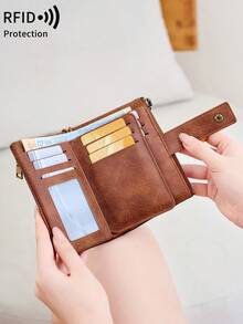 極簡風女款 RFID 防盜三折錢包，大容量手拿包附可拆式腕帶，多卡槽拉鍊防盜卡夾，現代商務休閒風，適合生日/教師節/週年紀念/情人節禮物，熱銷款，適合女性商務休閒通勤辦公白領，腕帶錢包手拿小錢包 - 彩色 - 查看 3