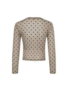 Sexy Hot Girl Style Coffee Polka Dot Mesh Long Sleeve T-Shirt Women Summer Slim Fit Flattering Design Layering Sheer Minimalist Top Vacation - Brown - View 9