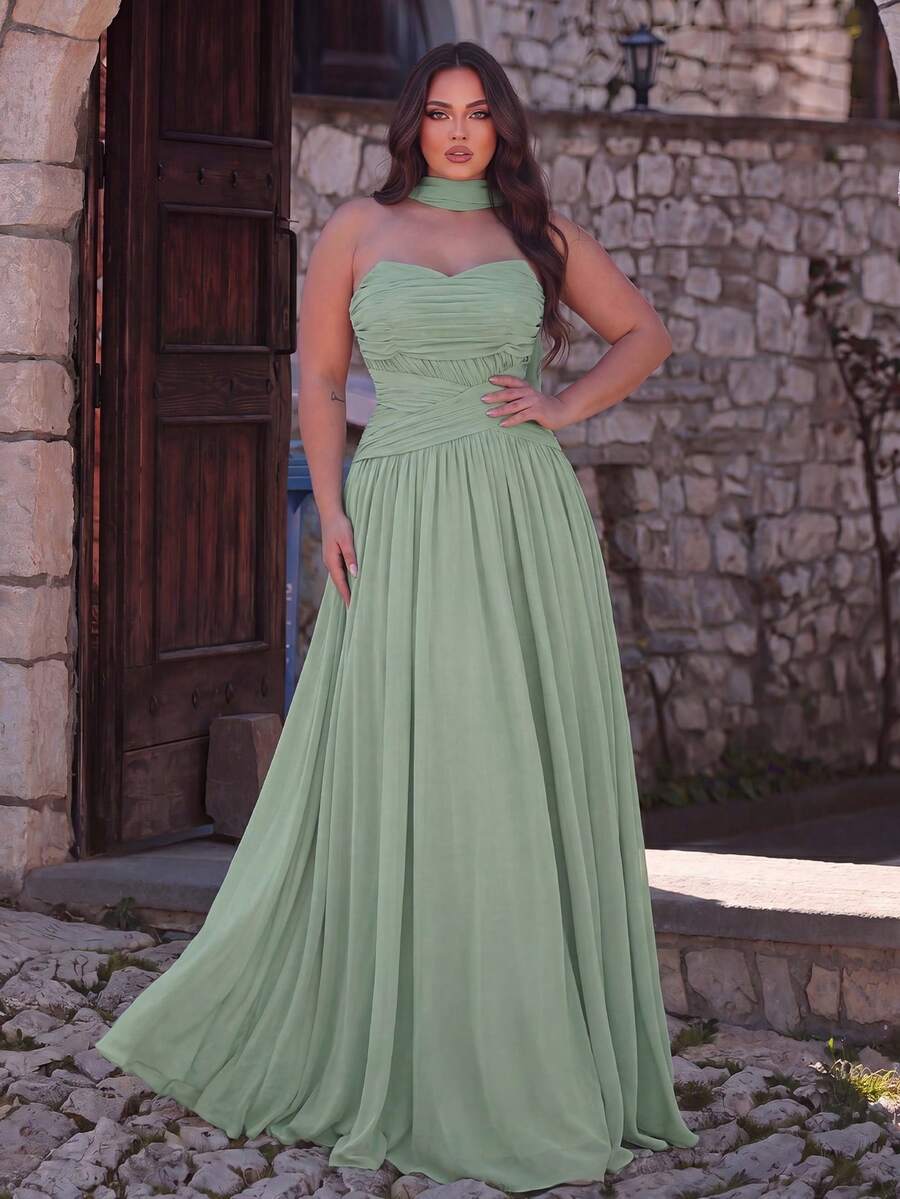Faeriesty Elegant Plus Size Strapless Evening Gown - Ruched Bodice Design, Open Back Design, Fluid Cut Party Wedding Fall - Green - View 1