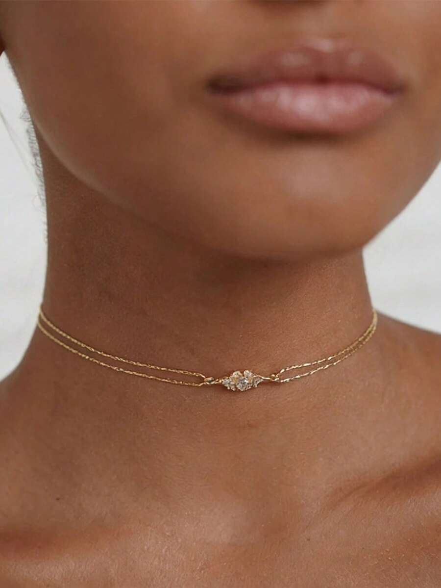 1pc European And American Popular Geometric Necklace, Niche Design Rhinestone Collarbone Chain, Fashionable Versatile Accessory - Gold - View 1