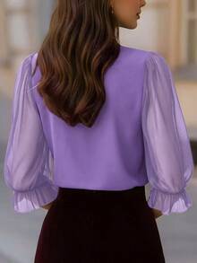 Blus Wanita Elegan Leher Bulat Lengan 3/4 dengan Detail Jala Transparan dan Motif Kelopak Bunga, Pakaian Kerja Musim Semi/Panas, Warna Lavender - Ungu Taro - View 2