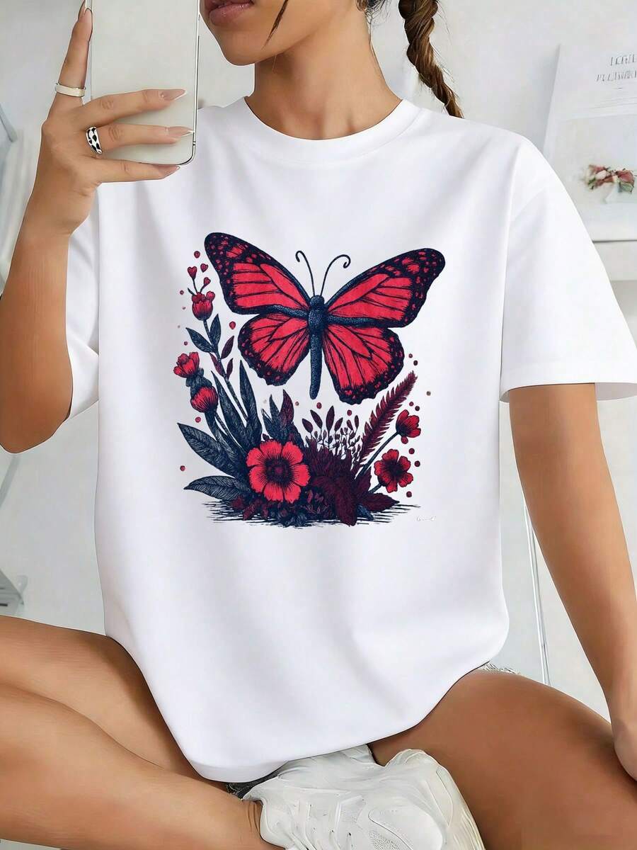 Women's Black Casual T-Shirt With A Design Of Bright Pink Butterflies, Black And Blue Wings, Pink Flowers, And Dark Green Leaves. The Material Is... - 白色 - 查看 1