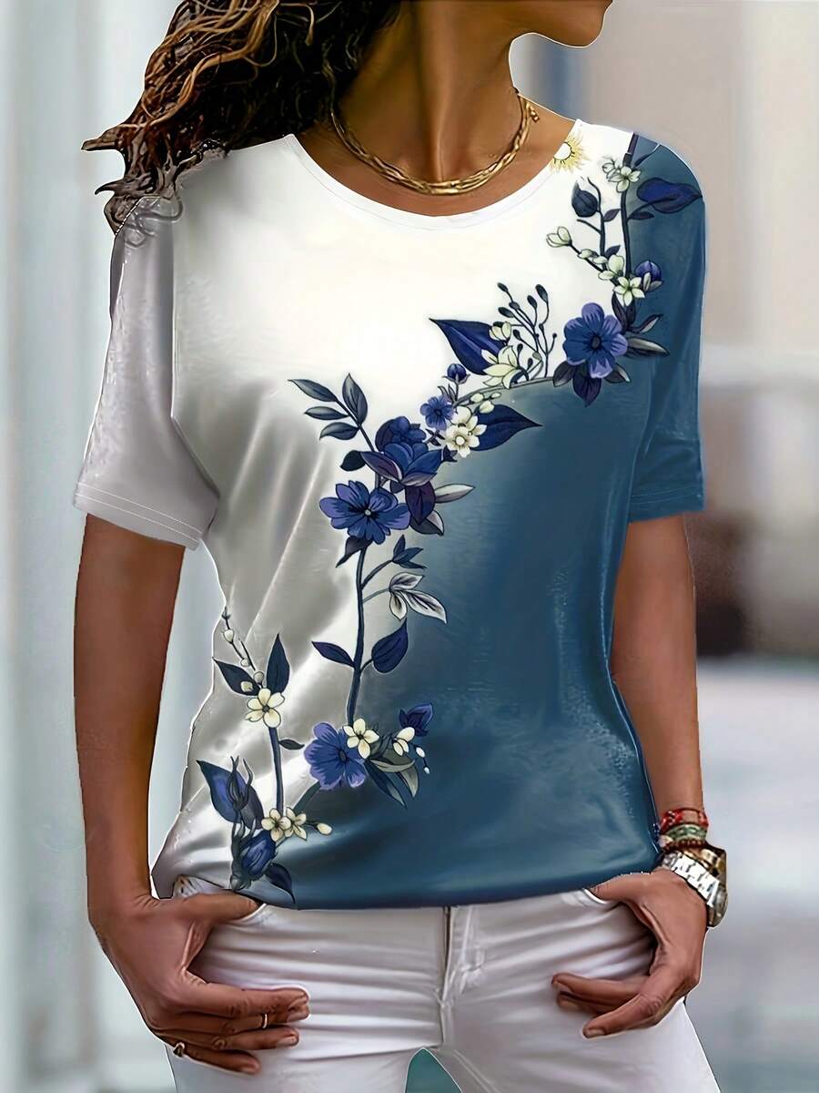 New Women's Short-Sleeved T-Shirt, European And American Style, With Round Neck, Floral Print, Color Block Design, Slim And Casual Fit. - 藍色 - 查看 1
