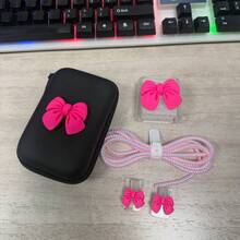 6件組 3D蝴蝶結充電器保護套組，包含數據線保護套/充電頭外殼/線材夾與收納袋，黑色便攜硬殼可收納全套配件，適用 Apple 18/20W 快充保護與收納，適合學生日常通勤，多功能數位裝飾禮物送給閨蜜甜美女孩 - 彩色 - 查看 16