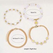 4pcs Daisy Flower Faux Pearl Layered Bracelet Set Boho Style Gold Tone Chain Bracelets For Women Daily Party Jewelry Gift - Multicolor - View 3