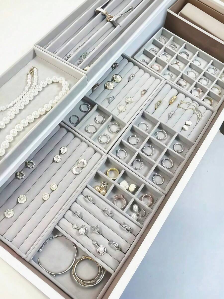 8pcs Grey Jewelry Display Storage Tray Set, Velvet Jewelry Display Tray, Suitable For Storing Earrings, Studs, Necklaces, Rings, Bracelets, Watches, Lipsticks, Perfumes, Cosmetics, Etc., Ideal For Use In Bathroom, Bedroom, Vanity, Multiple Styles Available, Perfect Gift