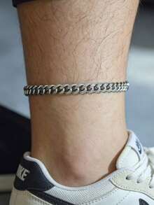 MECYLIFE 1pc Fashion Hip Hop Men's Stainless Steel Cuban Link Anklet, Personalized Men's Accessory - Silver - View 3