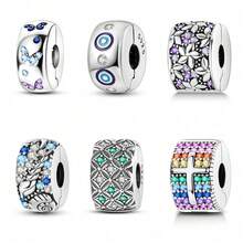 1pc Romantic Good Luck Totem Style S925 Sterling Silver Low Hypoallergenic Shiny Four-Leaf Clover Butterfly Evil Eye Flower Cross Ocean Paw Print Fixed Clip Bead, Suitable For Original Bracelet, Women's DIY Jewelry Making, Birthday Gift - Multicolor - View 12