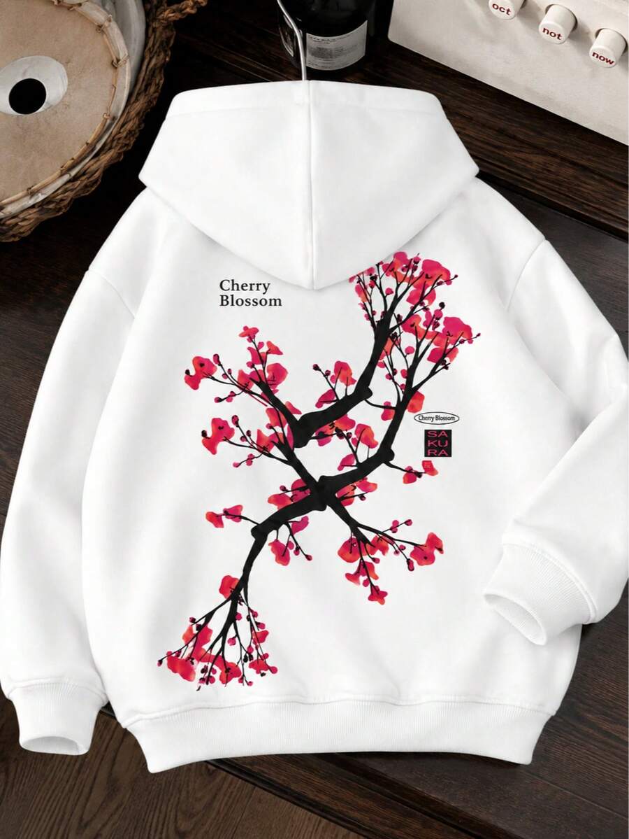 Flannel Kangaroo Hoodie, Printed Sweatshirt, Streetwear Jacket, Geek Style - White Sakura - View 1