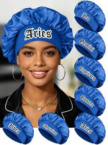 1pc Rosered Satin Sleeping Cap, Lightweight Hair Care Cap,12 Constellations Print Satin Sleep Bonnet Large Bonnet Wide Elastic Band Silky Hair - Blue - View 2