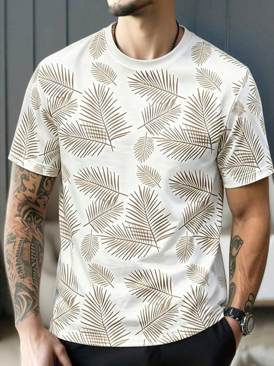 Men's Summer Fashion Minimalist Palm Leaf Print Short Sleeve T-Shirt - Multicolor - View 1
