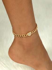 1 pieza Tobillera de cadena gruesa de metal con colgante de corazón brillante, estilo playa de vacaciones, para adolescentes - Dorado - Ver 1
