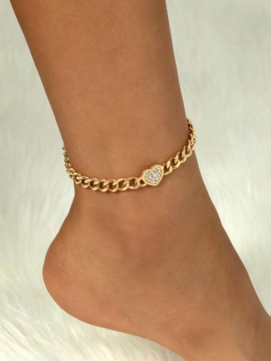 1 pieza Tobillera de cadena gruesa de metal con colgante de corazón brillante, estilo playa de vacaciones, para adolescentes - Dorado - Ver 1