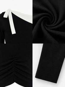 Korean Style Design Asymmetric Neckline Long Sleeve Knit Top For Women, Spring/Autumn Ruched Waist Slimming Fitted Top Black - Black - View 9