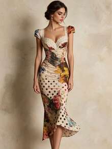 ELYRADIA Robe d'été élégante à imprimé floral et pois - Beige - Voir 8
