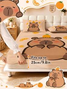 2/3pcs Cute Capybara Pattern Fitted Sheet Fitted Sheet Mattress Protector, Soft Comfortable Breathable, Suitable For All Seasons, Fits All Bed Sizes (Twin/Full/King/Queen), Deep Pocket Design, Suitable For Bedroom, Dorm, Hotel, Machine Washable - Multicolor - View 4