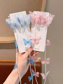 2pcs Butterfly Hair Clips With Faux Pearl Tassel Braided Hair Clips, Sweet Princess Hair Accessories For Girls, Can Be Used For Braiding, Hair Ties, Photography And Outfit Matching (Paper Card For Display Only) - Multicolor - View 3