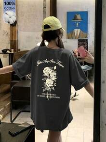 女款圓領寬鬆百搭簡約玫瑰花印花字母圖案短袖T恤，春夏季度假休閒 - 深灰色 - 查看 2
