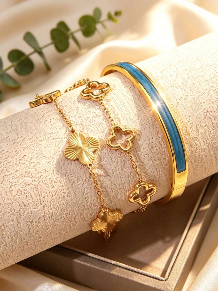 VceTd 1 Set Elegant Personalized Style Bamboo Stainless Steel Jewelry Set For Women, Suitable For Daily Wear Or As A Holiday Gift For Loved Ones Or Friends - Yellow Gold - View 1