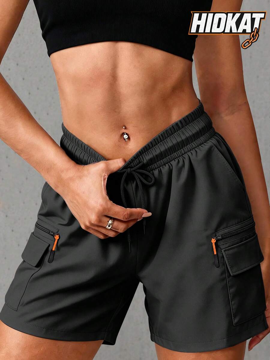 Women's Summer New Sports Shorts, Thin Breathable Zipper Multi-Pocket Cargo Shorts, Suitable For Sports, Fitness And Outdoor Daily Wear - Black - View 1