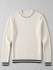 Mature Style Contrast Trim Round Neck Vertical Stripe Sweater, Soft Fitted Inner Layer Top For Men - White - View 8