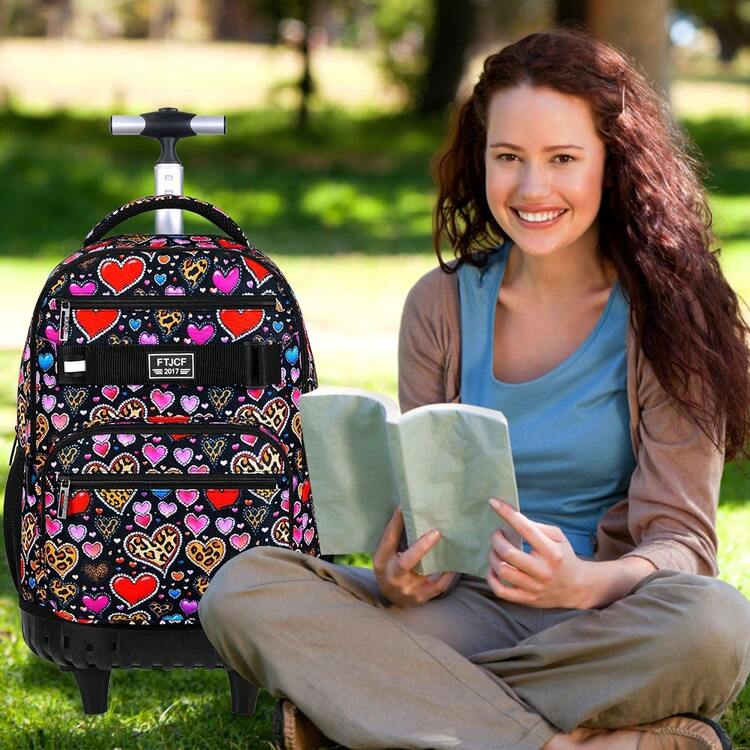 3 PiecesGirls Colorful Heart Leopard Print Oxford Rolling Trolley Adjustable Straps Zipper Closure Cute Style Backpack Set For School & Daily Travel - Red - View 7