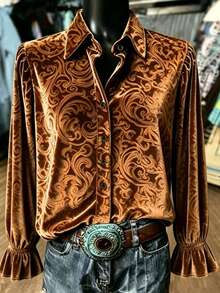 Plus Size Vintage Western Style Velvet Shirt, Baroque Scroll Print Lantern Sleeve Button-Up Blouse, Suitable For Autumn/Winter Daily Wear, Cowgirl Party And Dinner Date - Coffee Brown - View 2