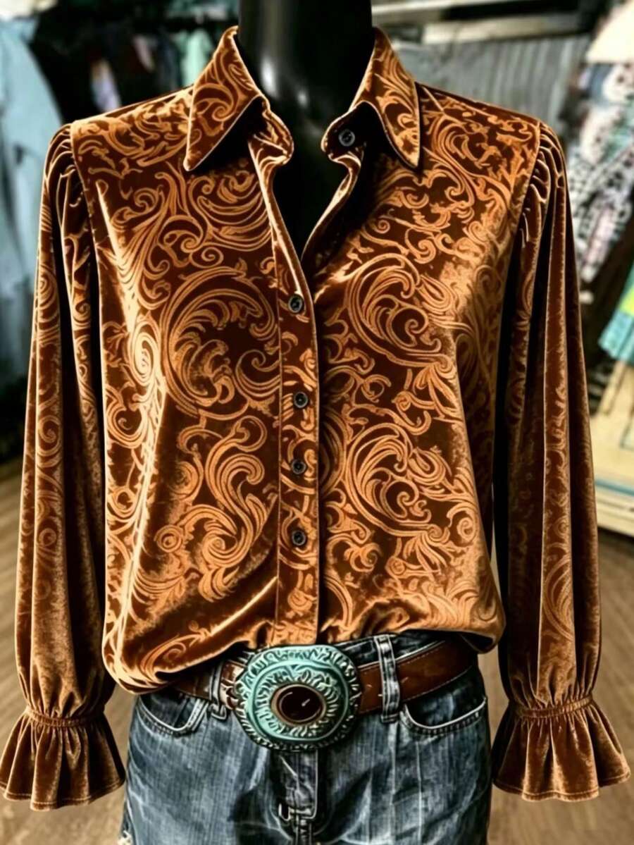 Plus Size Vintage Western Style Velvet Shirt, Baroque Scroll Print Lantern Sleeve Button-Up Blouse, Suitable For Autumn/Winter Daily Wear, Cowgirl Party And Dinner Date