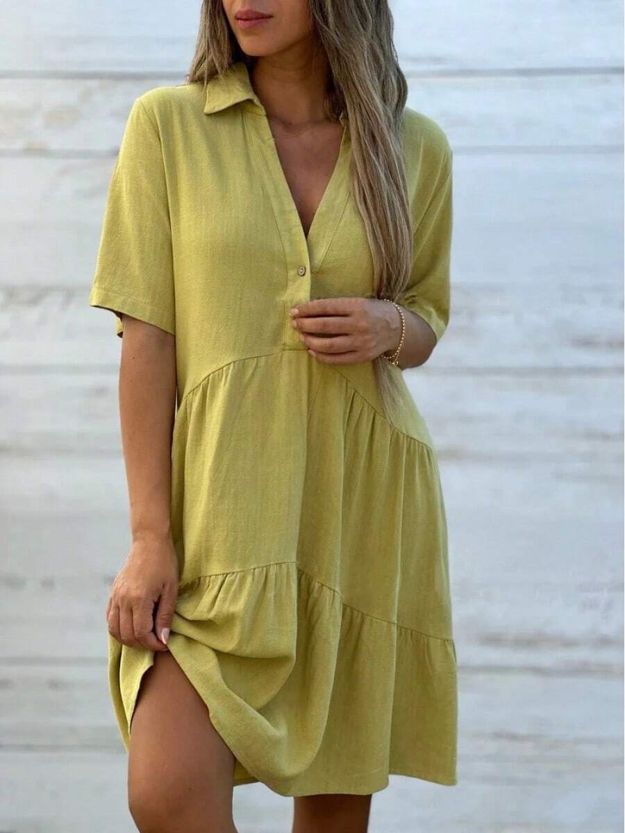 Women's Cross-Border Clothing In European And American Style, Casual Short-Sleeved Dress In Cotton And Linen, Loose Fit, Plain Color And With A Turn-Down Collar. - 綠色 - 查看 1