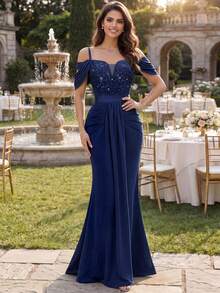 MIUSOL Deep V-Neck Sequin Floral Lace Patchwork Off-Shoulder Ruffle Hem Mermaid Skirt Formal Evening Gown, Summer Dress, Wedding Guest Dress - Navy Blue - View 3