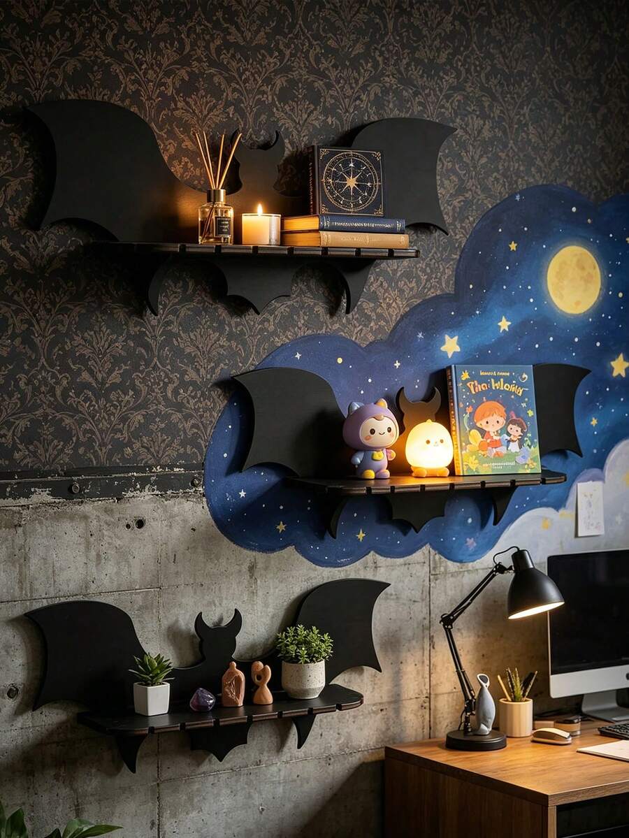 1 Set Halloween Wall Hanging Storage Rack, Bat Wing Design, Suitable For Gothic Style Home Decor, Floating Storage Rack, Applicable For Living Room, Bedroom, Office, Cafe, Halloween Party And Home Decoration - Multicolor - View 1