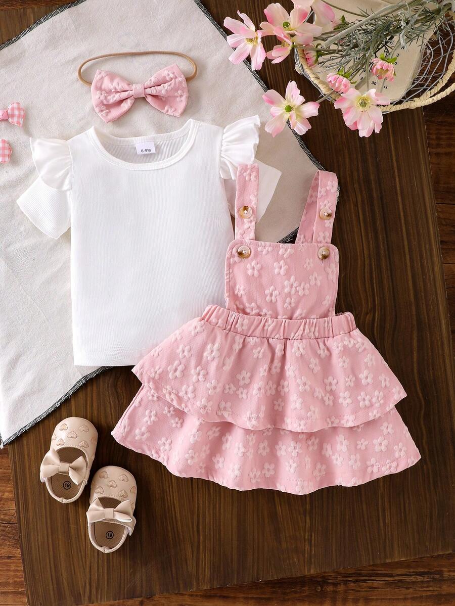 3pcs Baby Girl Sweet Princess Set: Solid Color Cap Sleeve T-Shirt, Jacquard Floral Pinafore Dress With Tiered Skirt, Headband With Bow - Pink - View 1