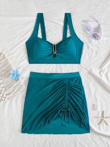 jeederkim 新款夏季女款比基尼上衣配金屬飾品，搭配同款透明迷你裙，適合夏季海灘穿著 - 墨青色 - 查看 6