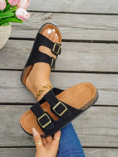 Louis Elegant Women's Shoes, New Summer Flat Sandals For Women, Cute Buckle Design, Open Toe Breathable Summer Slippers, Fashionable Vacation Style Beach Shoes, Elegant Women's Sandals, Faux Suede Insole With Arch Support Summer Sandals, Non-Slip Rubber Sole, Suitable For Vacation, Summer Street, Beach, Desert, Office, Apartment And Various Other Occasions, Can Be Matched With Any Outfit Women's Black Sandals