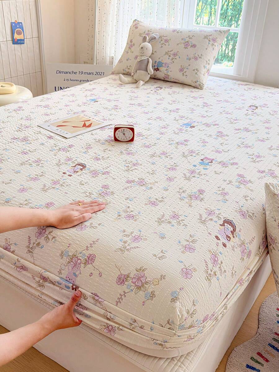 3 PiecesBedding Set With Cute Rabbit Pattern, Soft And Comfortable Bedding Including 1 Fitted Sheet And 2 Pillowcases, No Filling, Suitable For Dorm, Bedroom, Home Use, Multiple Size Options - Multicolor - View 1