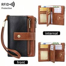 極簡風女款 RFID 防盜三折錢包，大容量手拿包附可拆式腕帶，多卡槽拉鍊防盜卡夾，現代商務休閒風，適合生日/教師節/週年紀念/情人節禮物，熱銷款，適合女性商務休閒通勤辦公白領，腕帶錢包手拿小錢包 - 彩色 - 查看 8