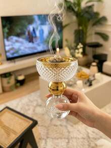 قاعدة كرة بلورية شفافة، جدار خارجي بنسيج خلية نحل مطروق، نقش خرزي دقيق حول الحافة، ذهبي كامل نبيل + بلور شفاف - نمط فاخر ذو ملمس فقاعي - مشاهدة 4