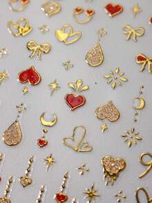 2pcs Golden Foil Heart Nail Art Stickers Golden Hot Stamping Heart-Shaped Bow Nail Decals Nail Charming 5D For Nail Decoration DIY - Multicolor - View 3