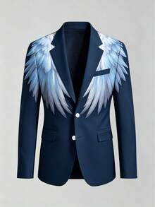 1pc Men's Gradient Wing Print Navy Blue Slim Fit Wrinkle-Resistant Luxury High-End Business Banquet Formal Blazer - Royal Blue - View 11