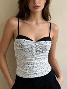 Womens Summer Camisoles Spaghetti Strap Ruched Front Dot Print Contrast Trim Backless Stylish Slim Fit Tank Tops - White - View 2