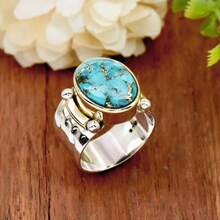 復古藍色銅色調合成綠松石戒指，銀色雙色戒指，波希米亞風珠飾錘紋寬版戒圈，時尚女款珠寶 - 雙色 - 查看 1
