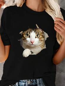 Camiseta unisex, camiseta con estampado de cara de gato, camiseta de manga corta con cuello redondo para primavera y verano, ropa de mujer, blusas para mujer, camisas de mujer, blusa, camisa - Negro - Ver 1