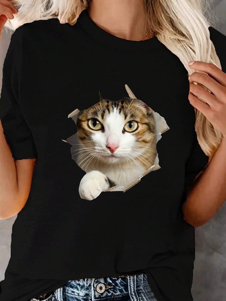 Camiseta unisex, camiseta con estampado de cara de gato, camiseta de manga corta con cuello redondo para primavera y verano, ropa de mujer, blusas para mujer, camisas de mujer, blusa, camisa - Negro - Ver 1