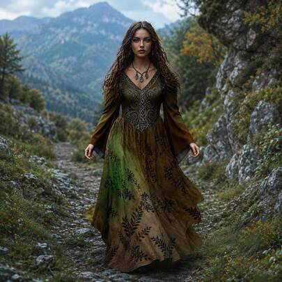 Women's Plus Size Fashion Vintage Viking Tribe Celtic Knot Art V-Neck Elegant Dress