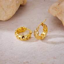 1pair French Vintage Stainless Steel Twist Hoop Earrings Textured Braided Wheat Ears Huggie Hoops Tarnish Free Waterproof Gold Jewelry Gift For Her - Gold - View 12