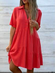 Ropa femenina transfronteriza de estilo europeo y americano, vestido casual de manga corta de algodón y lino, de corte holgado, color liso y con cuello vuelto. - Rosa Fucsia - Ver 6